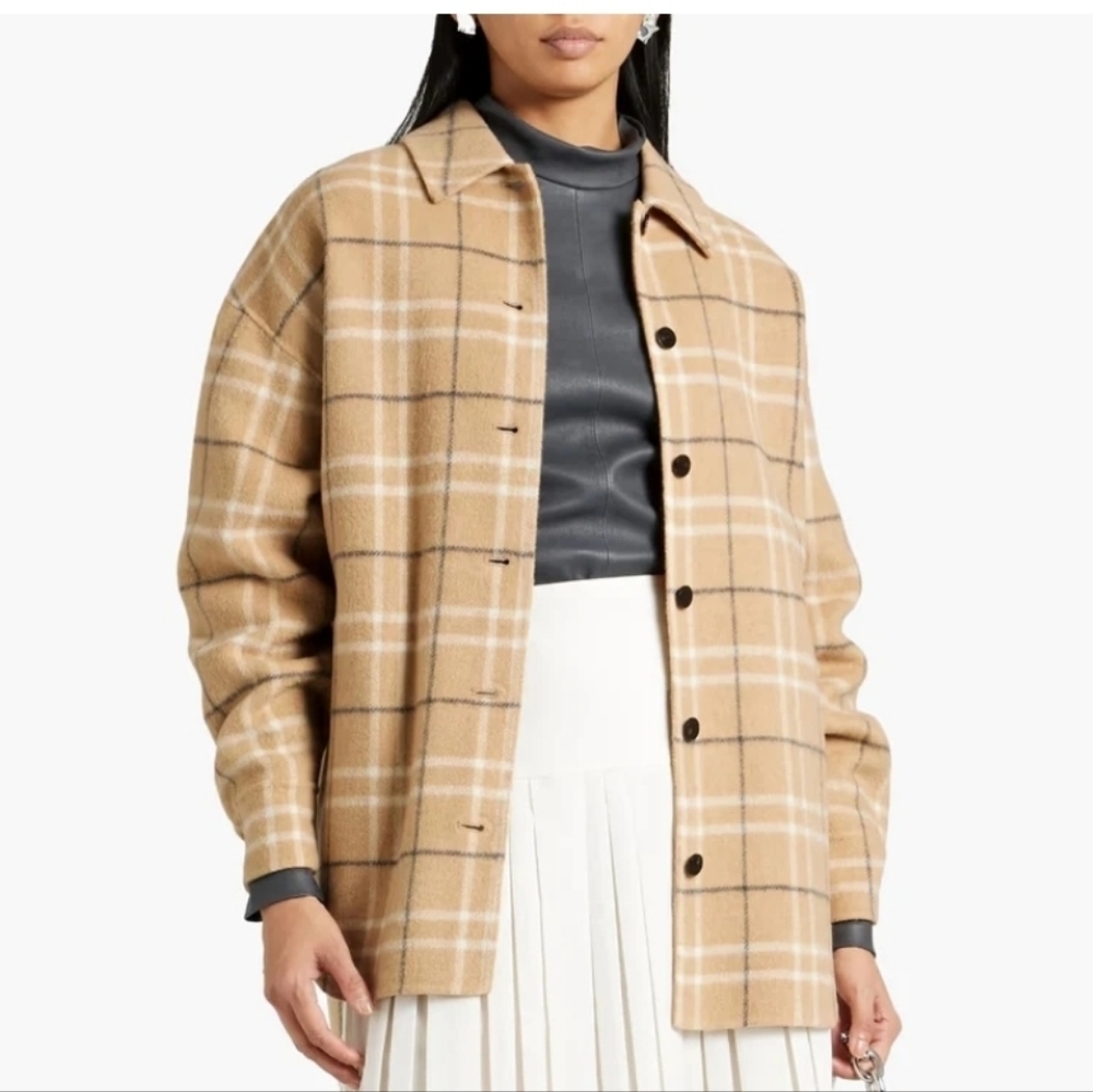 Theory Checked Woolblend Flannel Jacket Tan Camel